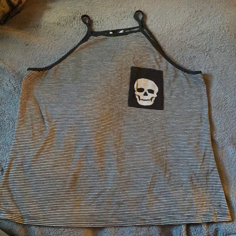 Black and grey strip tank top with chest pocket.